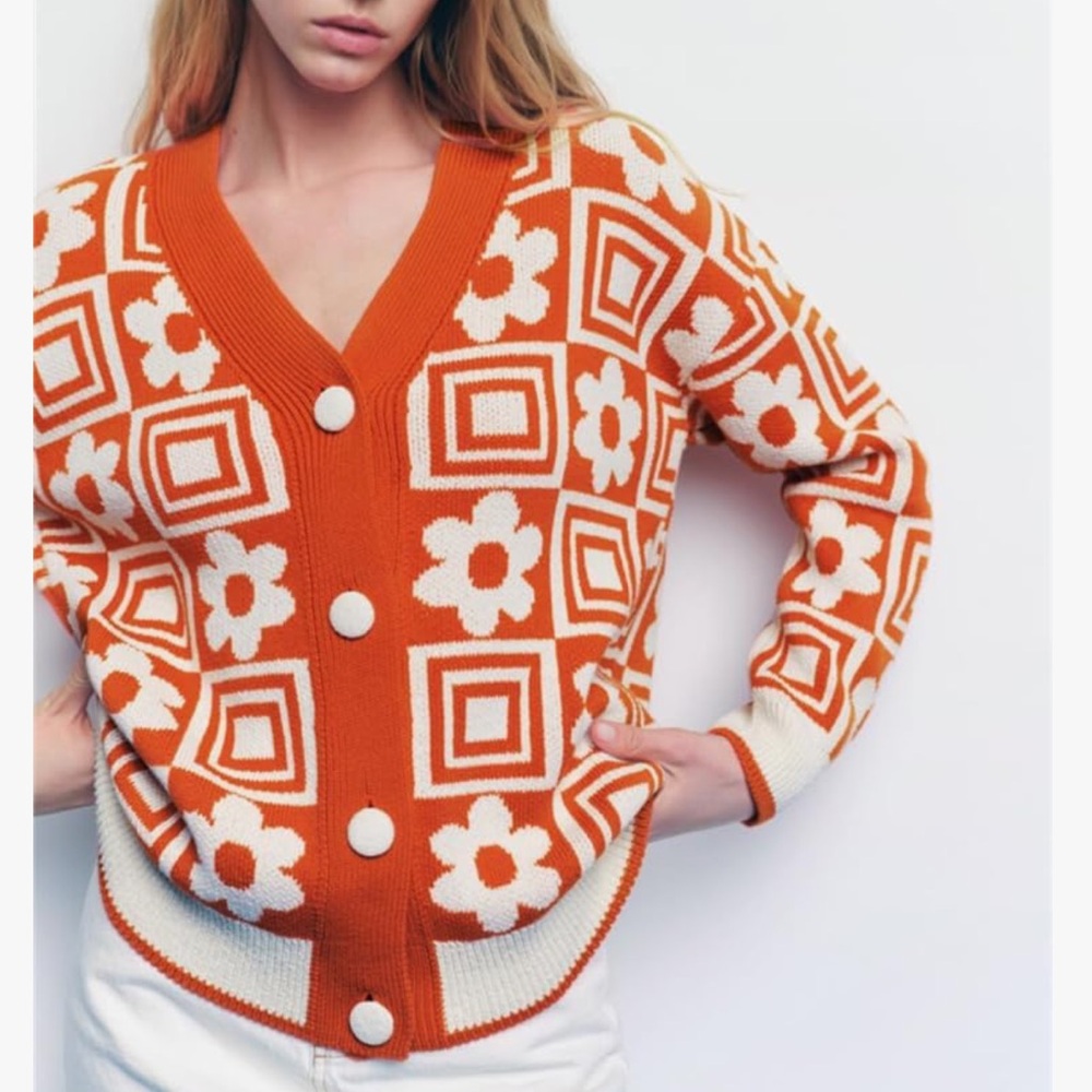 ZARA Retro Floral Geometric V-Neck Button Up Jacquard Orange Sweater Cardigan
